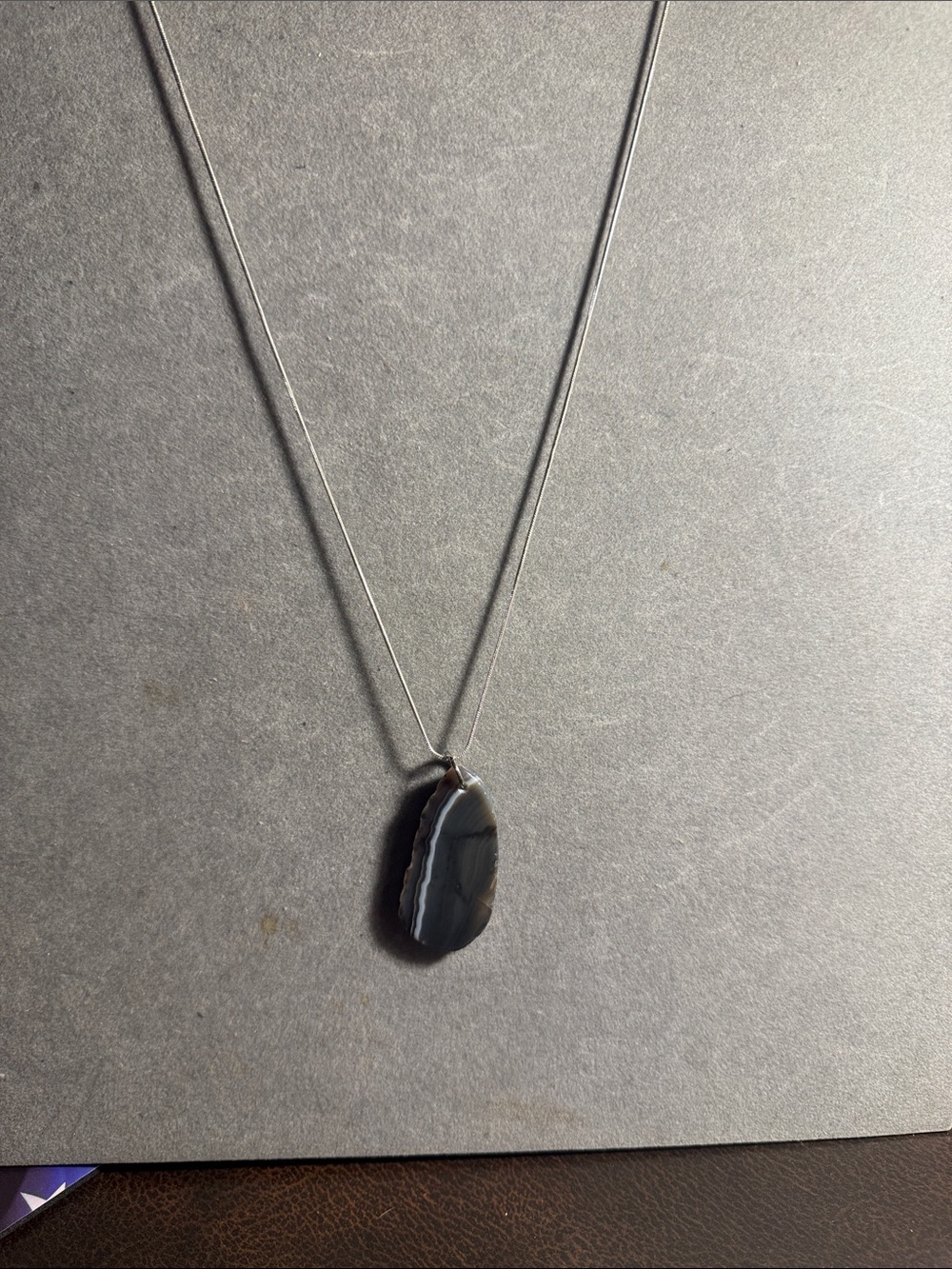 Hand Crafted Brown Gray and white  Agate Pendant Necklace - Silver Chain 12”